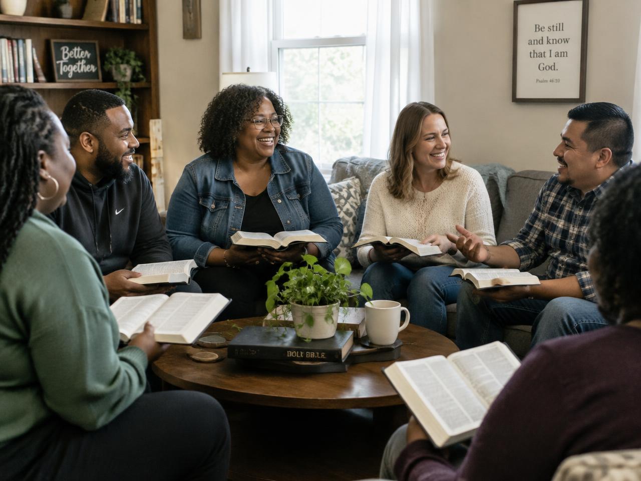 Discipleship group studying the Bible together in a home