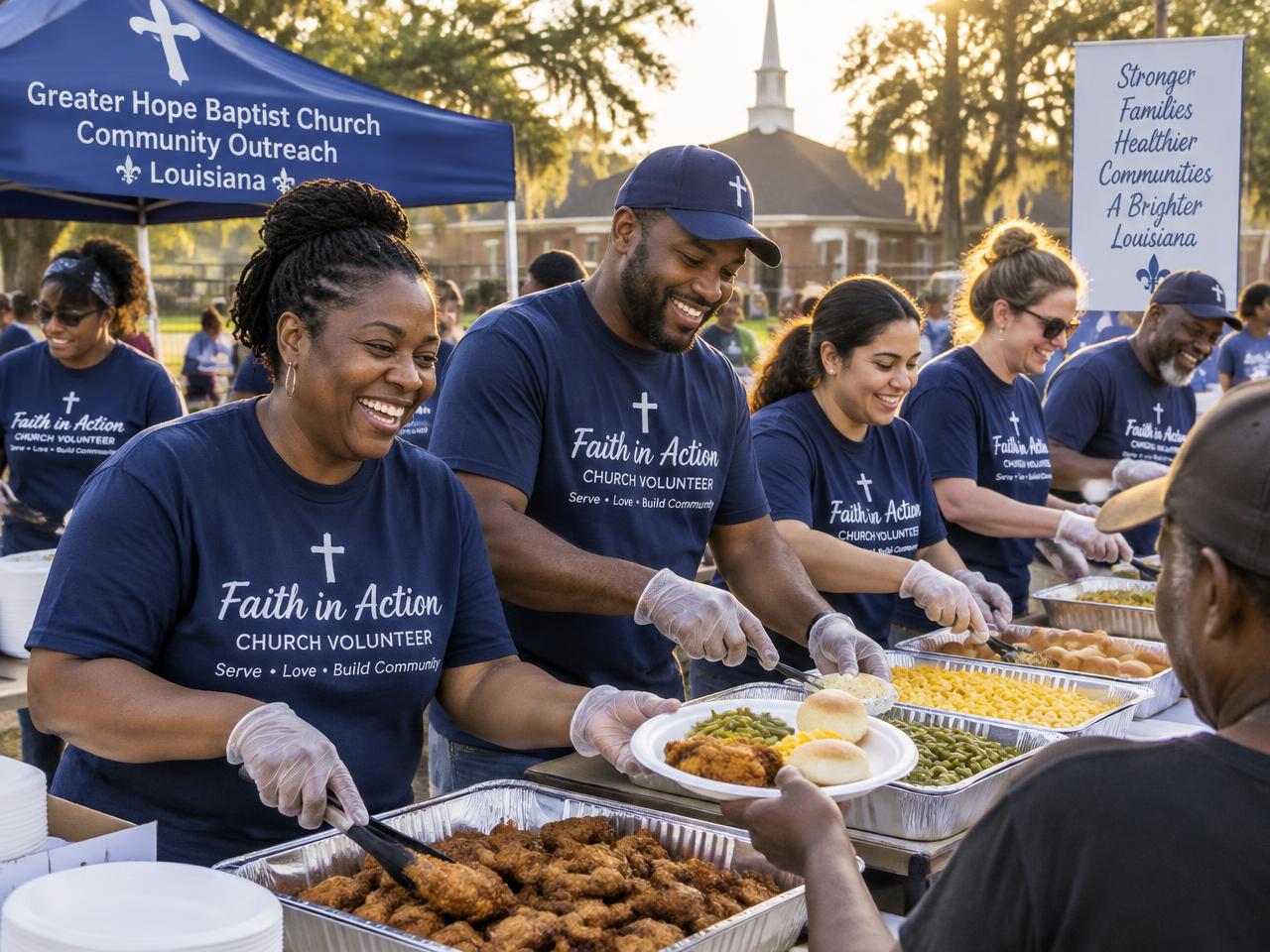 Church volunteers serving meals at a community outreach