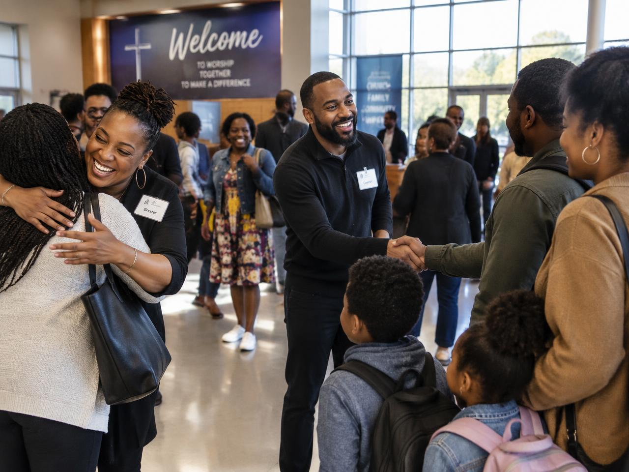 Greeters welcoming a family in the church lobby